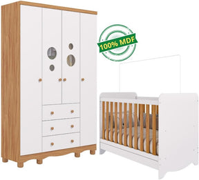 Quarto Bebê Completo Berço Americano Ben 3 em 1 Guarda Roupas 4 Portas 3 Gavetas Bolinha 100% MDF