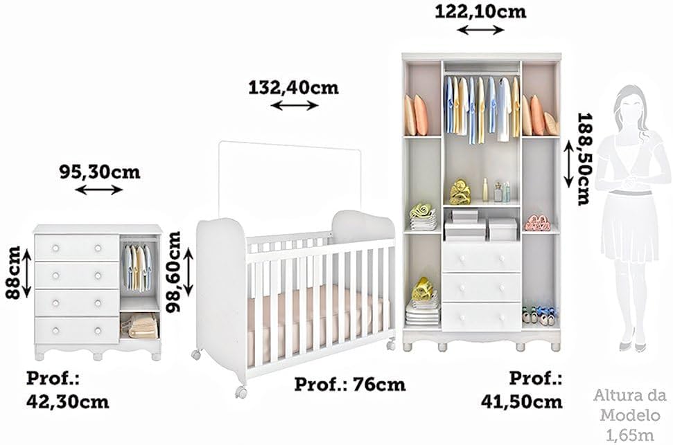 Quarto de Bebê Completo Guarda Roupas Cômoda 3 Portas Janeladas e Berço com Rodizio 100% Mdf Lana Es Branco Brilho