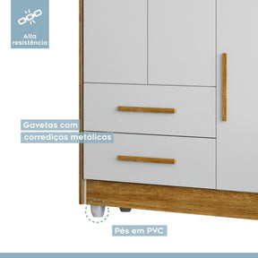 Quarto de Bebê Completo 100% MDF com Cômoda Berço e Guarda Roupa 1 MDF Nina Branco/Amadeirado