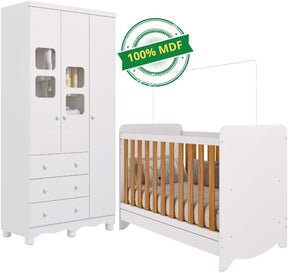 Quarto de Bebê Completo Berço Americano Ben 3 Em 1 Minicama Minisofa Guarda Roupa Uli 3 Portas 3 Gavetas Móveis Peroba Branco Brilho