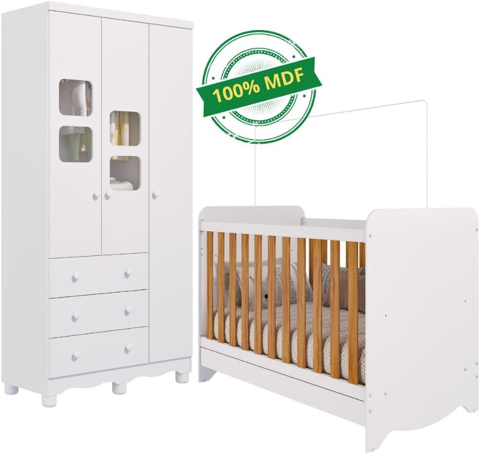 Quarto de Bebê Completo Berço Americano Ben 3 Em 1 Minicama Minisofa Guarda Roupa Uli 3 Portas 3 Gavetas Móveis Peroba Branco Brilho