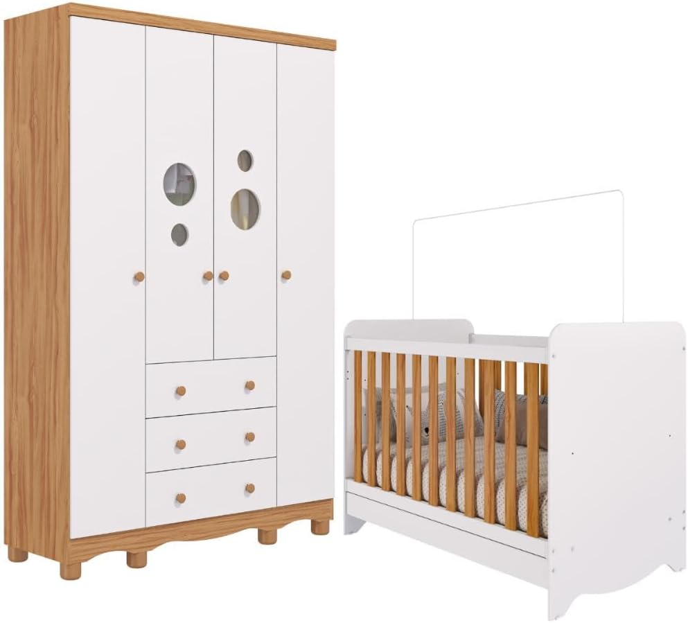 Quarto Bebê Completo Berço Americano Ben 3 em 1 Guarda Roupas 4 Portas 3 Gavetas Bolinha 100% MDF