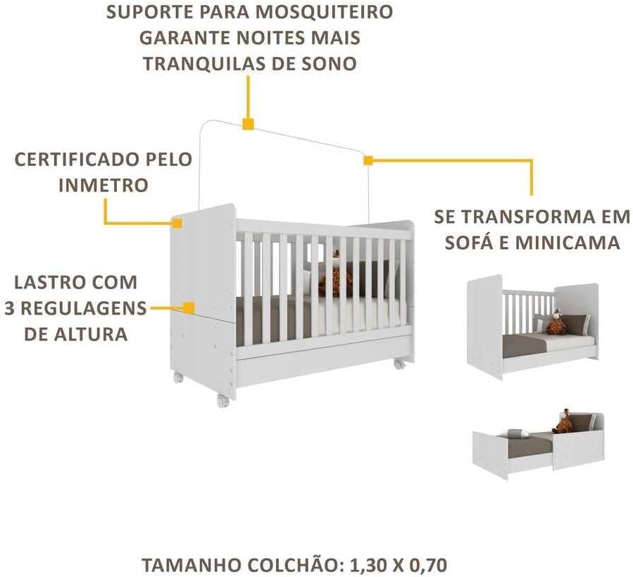 Berço multifuncional americano Pimpolho 3 em 1 com rodízios Multimóveis Branco