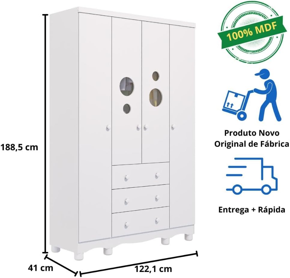 Quarto Bebê Completo Berço Americano Ben 3 em 1 Guarda Roupas 4 Portas 3 Gavetas Bolinha 100% MDF