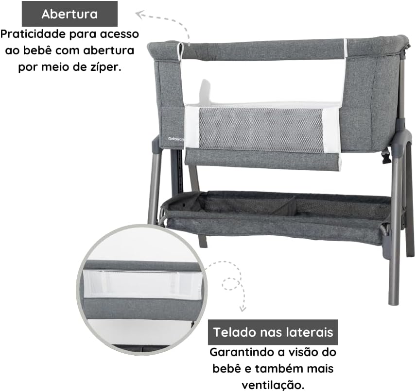 Berço Co-Leito Colin Cinza Portátil, 7 Alturas Ajustáveis, Cesto Amplo, Antirrefluxo, para Bebês de 0 a 6 Meses até 9 kg