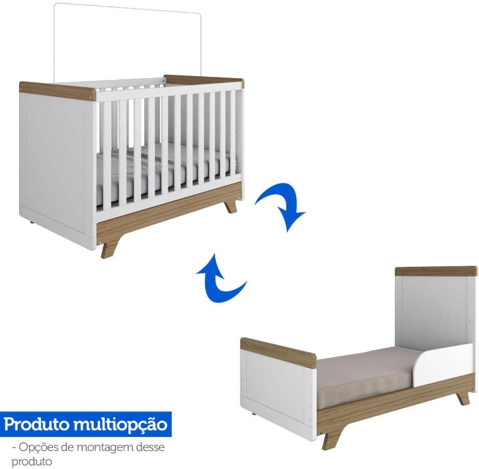 Berço Mini Cama Americano 2 em 1 Retrô Branco Brilho/Carvalho