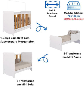 Quarto de Bebê Completo com Berço Americano Ben 3 Em 1 Cômoda Uli 4 Gavetas Móveis Peroba Branco Brilho