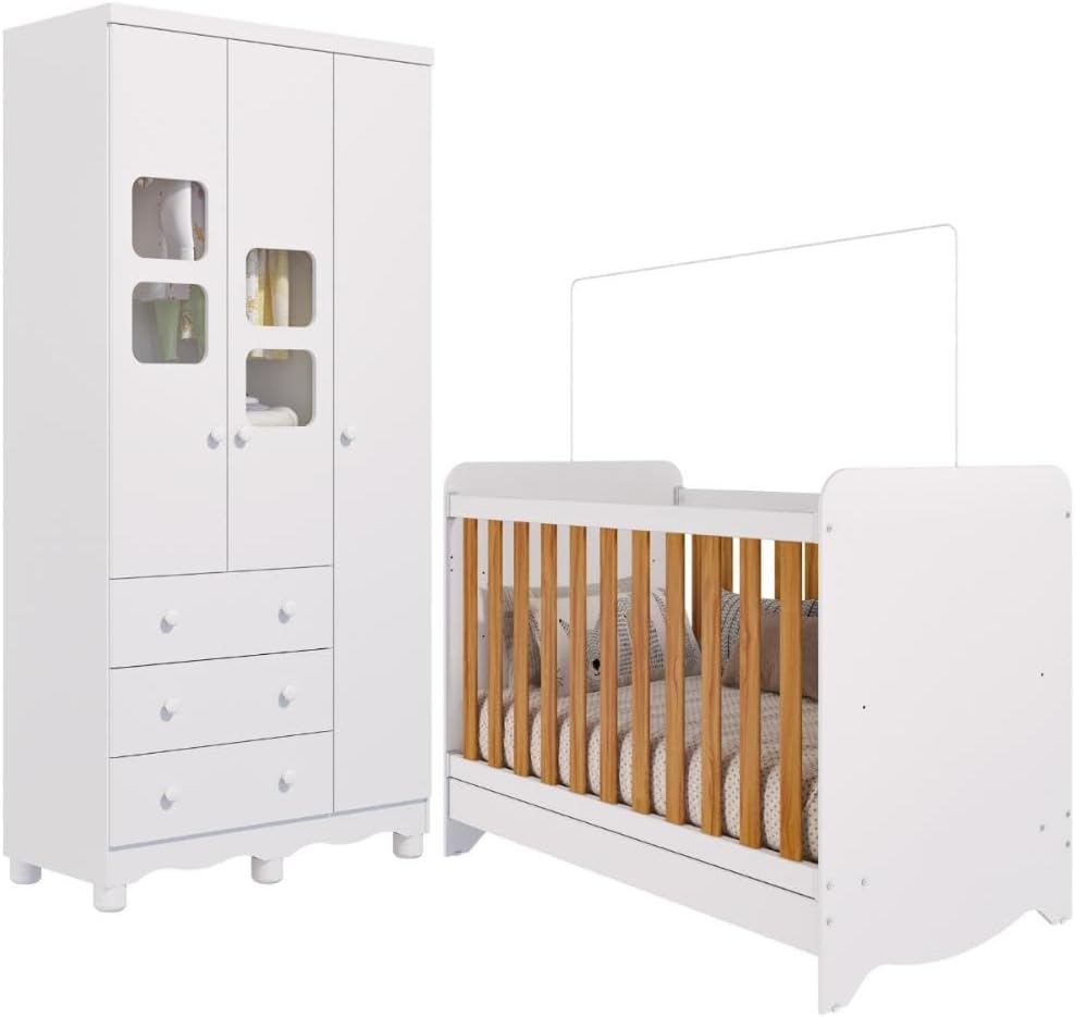 Quarto de Bebê Completo Berço Americano Ben 3 Em 1 Minicama Minisofa Guarda Roupa Uli 3 Portas 3 Gavetas Móveis Peroba Branco Brilho