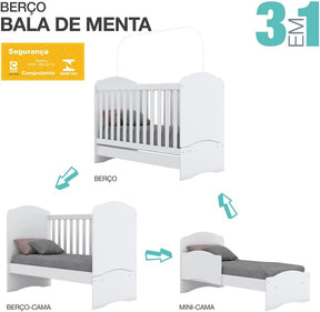 Berço Mini Cama 03 em 01 Bala de Menta Henn