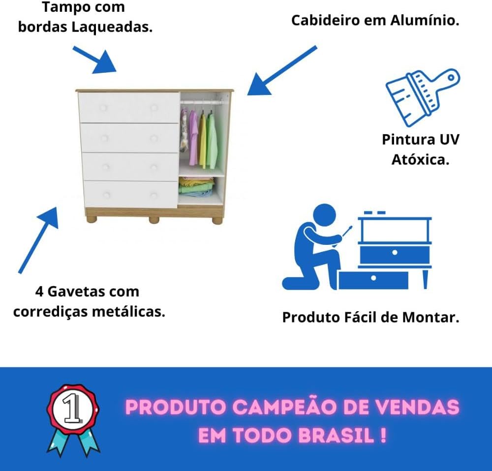 Quarto de Bebê Completo Berço Americano Marquesa 3 Em 1 Cômoda Uli 4 Gavetas 1 Porta Branco Carvalho 100% Mdf Móveis Peroba Branco Brilho