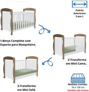 Quarto de Bebê Completo Berço Americano Marquesa 3 Em 1 Cômoda Uli 4 Gavetas 1 Porta Branco Carvalho 100% Mdf Móveis Peroba Branco Brilho