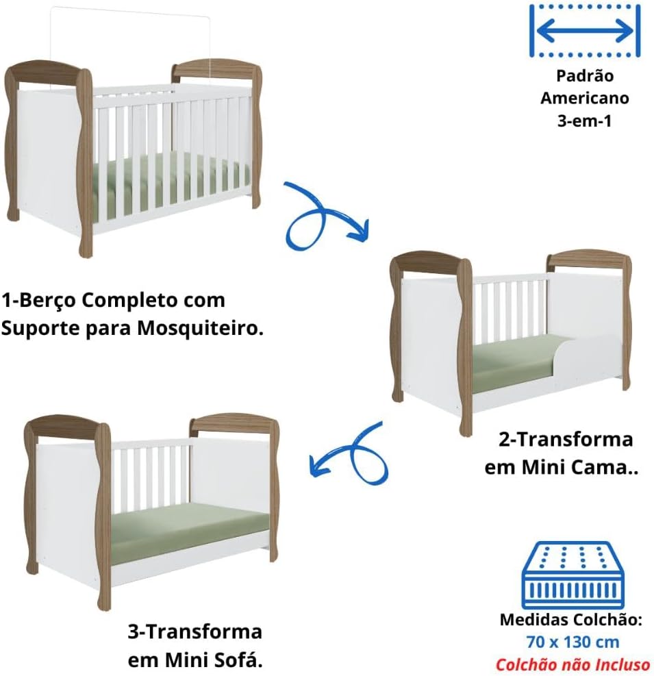 Quarto de Bebê Completo Berço Americano Marquesa 3 Em 1 Cômoda Uli 4 Gavetas 1 Porta Branco Carvalho 100% Mdf Móveis Peroba Branco Brilho