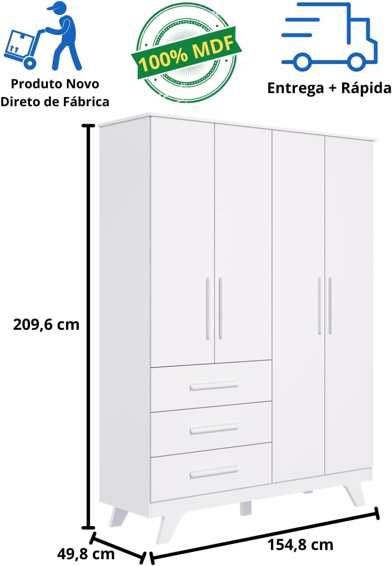 Quarto de Bebê Completo Retro com Guarda Roupa 4 Portas 3 Gavetas e Berço Mini Cama Móveis Peroba Branco Brilho