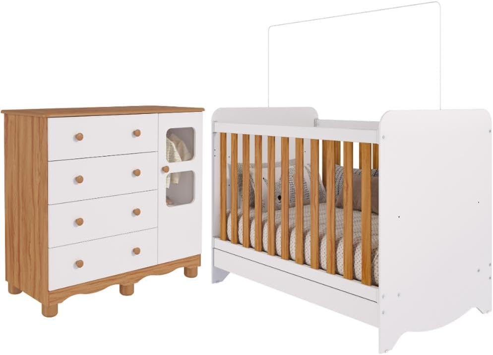 Quarto de Bebê Completo com Berço Americano Ben 3 Em 1 Cômoda Uli 4 Gavetas Móveis Peroba Branco Brilho