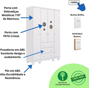 Quarto Bebê Completo Berço Americano Ben 3 em 1 Guarda Roupas 4 Portas 3 Gavetas Bolinha 100% MDF