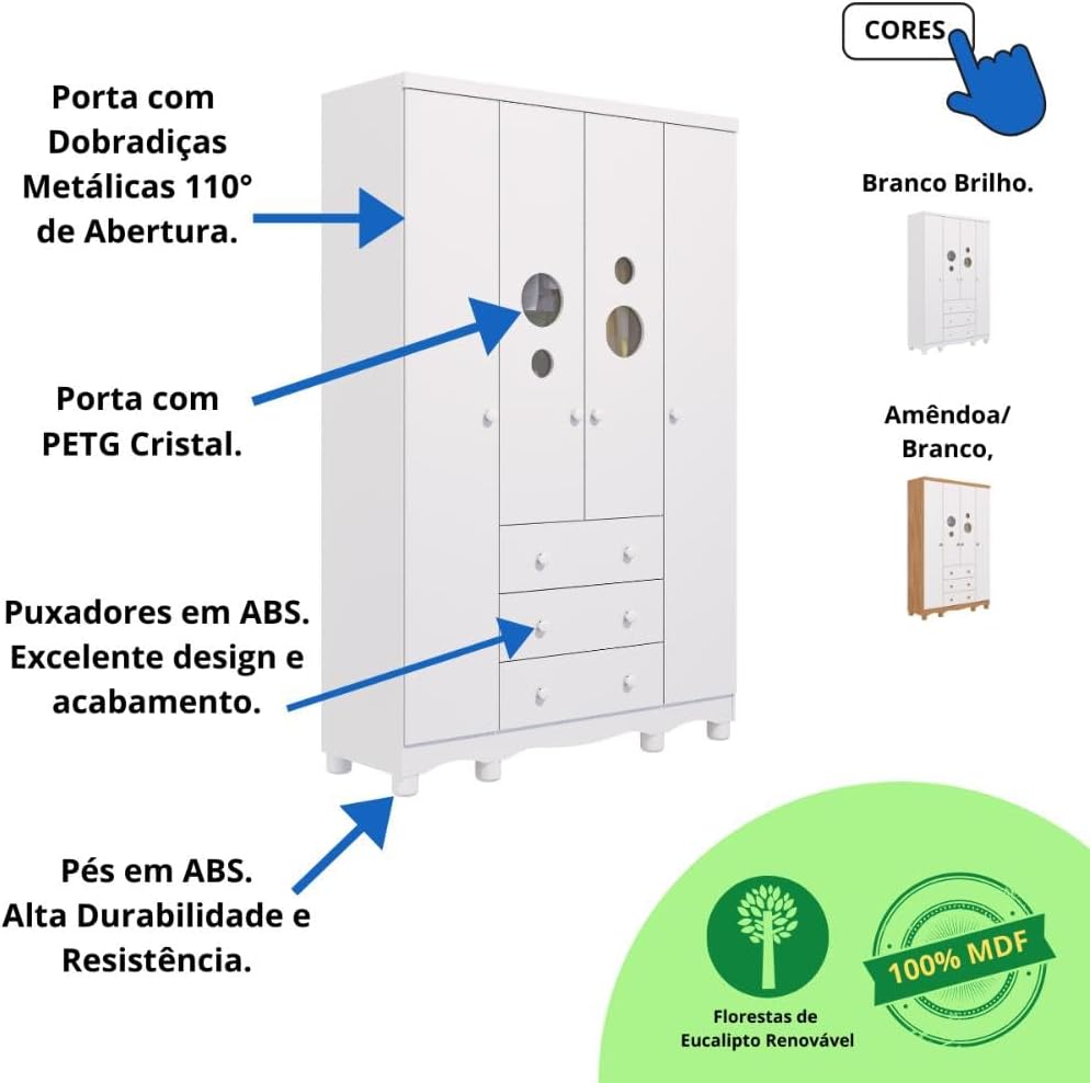 Quarto Bebê Completo Berço Americano Ben 3 em 1 Guarda Roupas 4 Portas 3 Gavetas Bolinha 100% MDF