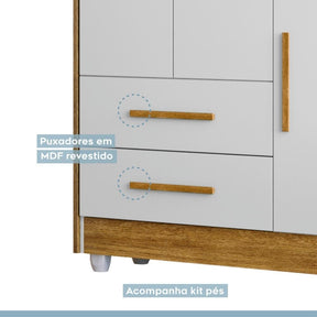 Quarto de Bebê Completo 100% MDF com Cômoda Berço e Guarda Roupa 1 MDF Nina Branco/Amadeirado