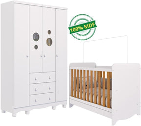 Quarto Bebê Completo Berço Americano Ben 3 em 1 Guarda Roupas 4 Portas 3 Gavetas Bolinha 100% MDF