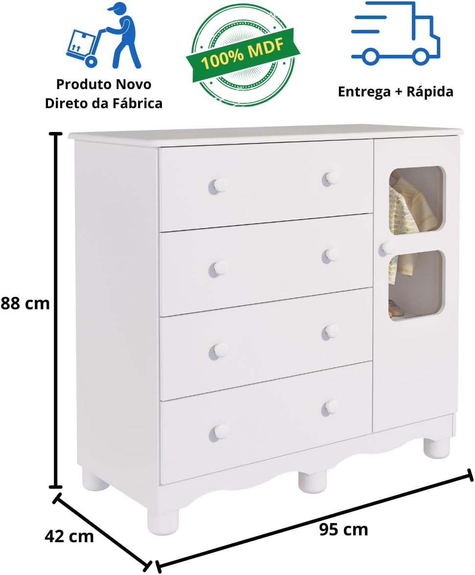 Quarto de Bebê Completo Berço Americano Marquesa 3 Em 1 Cômoda Uli 4 Gavetas 1 Porta Branco Carvalho 100% Mdf Móveis Peroba Branco Brilho