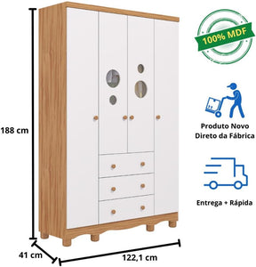 Quarto Bebê Completo Berço Americano Ben 3 em 1 Guarda Roupas 4 Portas 3 Gavetas Bolinha 100% MDF