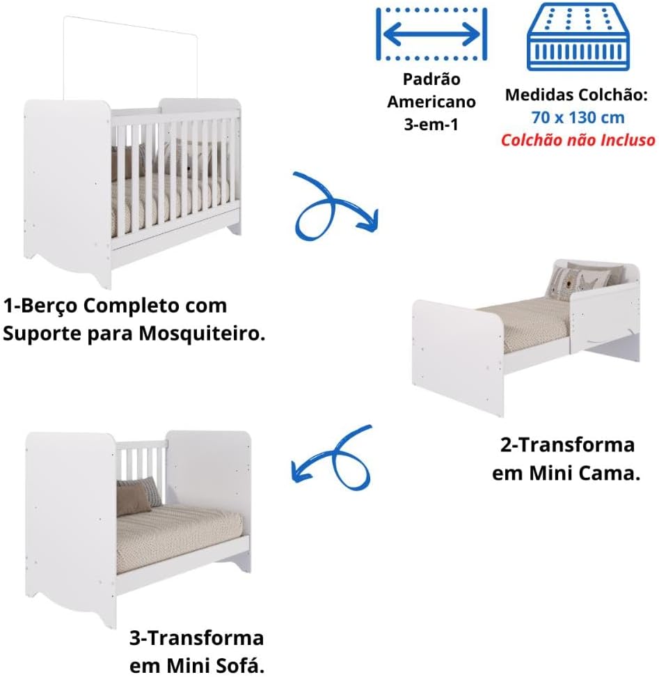 Quarto Bebê Completo Berço Americano Ben 3 em 1 Guarda Roupas 4 Portas 3 Gavetas Bolinha 100% MDF