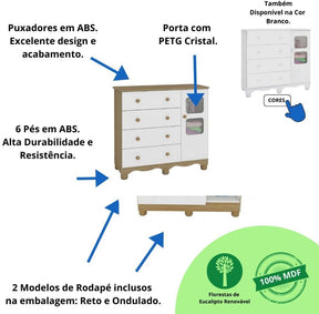 Quarto de Bebê Completo Berço Americano Marquesa 3 Em 1 Cômoda Uli 4 Gavetas 1 Porta Branco Carvalho 100% Mdf Móveis Peroba Branco Brilho