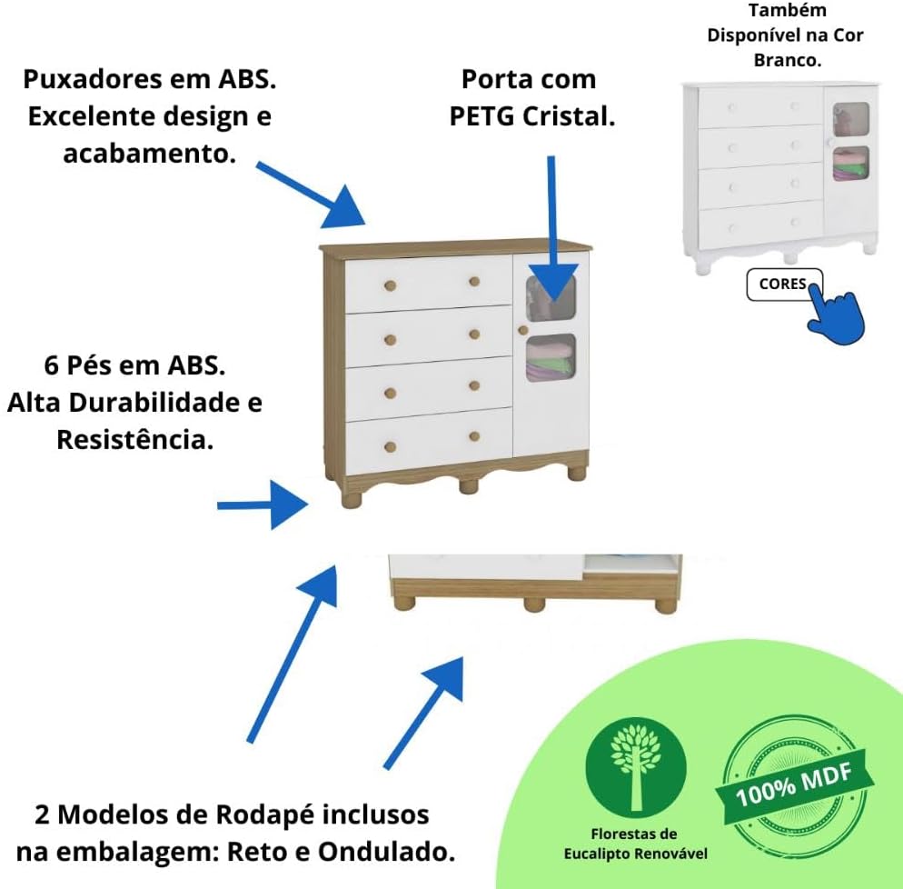 Quarto de Bebê Completo Berço Americano Marquesa 3 Em 1 Cômoda Uli 4 Gavetas 1 Porta Branco Carvalho 100% Mdf Móveis Peroba Branco Brilho