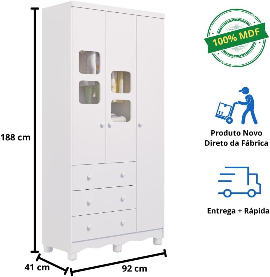 Quarto de Bebê Completo Berço Americano Ben 3 Em 1 Minicama Minisofa Guarda Roupa Uli 3 Portas 3 Gavetas Móveis Peroba Branco Brilho