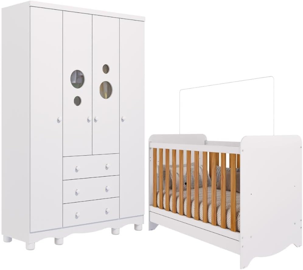 Quarto Bebê Completo Berço Americano Ben 3 em 1 Guarda Roupas 4 Portas 3 Gavetas Bolinha 100% MDF