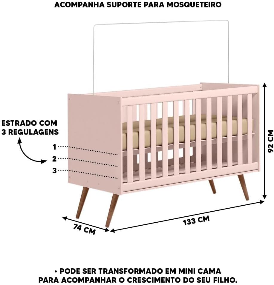 Berço Mini Cama Qencanto Retrô Qmovi Rosa