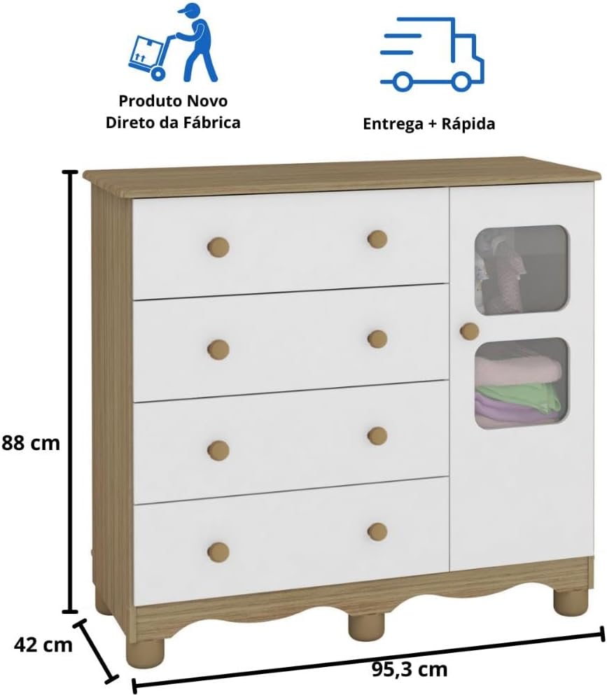 Quarto de Bebê Completo Berço Americano Marquesa 3 Em 1 Cômoda Uli 4 Gavetas 1 Porta Branco Carvalho 100% Mdf Móveis Peroba Branco Brilho