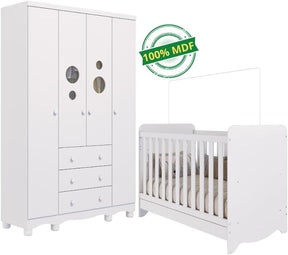 Quarto Bebê Completo Berço Americano Ben 3 em 1 Guarda Roupas 4 Portas 3 Gavetas Bolinha 100% MDF