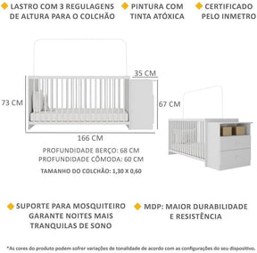 Berço Cômoda c/Colchão Incluso Meu Bebê Multimóveis Branco