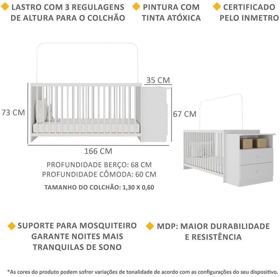 Berço Cômoda c/Colchão Incluso Meu Bebê Multimóveis Branco