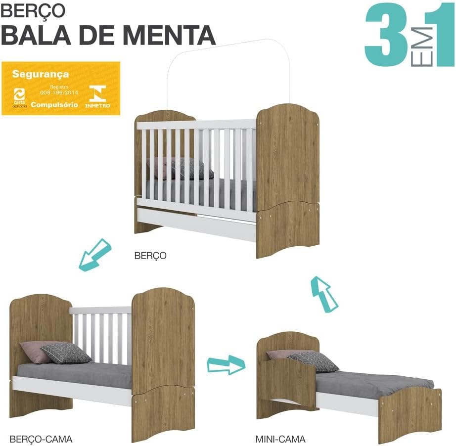 Berço Mini Cama 03 em 01 Bala de Menta Henn