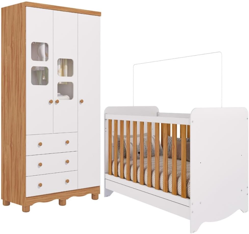 Quarto de Bebê Completo Berço Americano Ben 3 Em 1 Minicama Minisofa Guarda Roupa Uli 3 Portas 3 Gavetas Móveis Peroba Branco Brilho