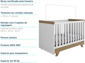 Berço Mini Cama Americano 2 em 1 Retrô Branco Brilho/Carvalho