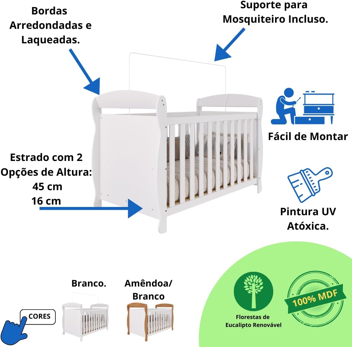 Quarto de Bebê Completo Berço Americano Marquesa 3 Em 1 Cômoda Uli 4 Gavetas 1 Porta Branco Carvalho 100% Mdf Móveis Peroba Branco Brilho