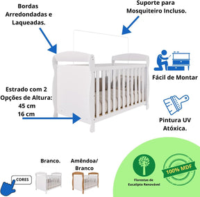 Quarto Bebê Completo Berço Americano Marquesa 3 em 1 Guarda Roupa 4 Portas Cômoda Uli 100% Mdf Móveis Peroba Branco Brilho