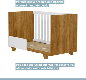 Quarto de Bebê Completo 100% MDF com Cômoda Berço e Guarda Roupa 1 MDF Nina Branco/Amadeirado