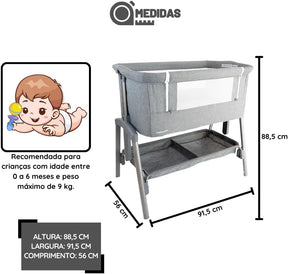 Berço Co-Leito Colin Cinza Portátil, 7 Alturas Ajustáveis, Cesto Amplo, Antirrefluxo, para Bebês de 0 a 6 Meses até 9 kg