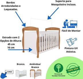 Quarto de Bebê Completo Berço Americano Marquesa 3 Em 1 Cômoda Uli 4 Gavetas 1 Porta Branco Carvalho 100% Mdf Móveis Peroba