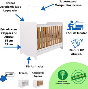 Quarto de Bebê Completo com Berço Americano Ben 3 Em 1 Cômoda Uli 4 Gavetas Móveis Peroba Branco Brilho