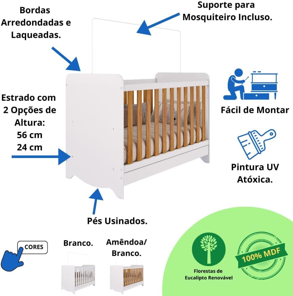 Quarto de Bebê Completo Berço Americano Ben 3 Em 1 Minicama Minisofa Guarda Roupa Uli 3 Portas 3 Gavetas Móveis Peroba Branco Brilho