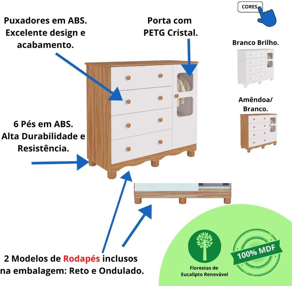 Quarto de Bebê Completo com Berço Americano Ben 3 Em 1 Cômoda Uli 4 Gavetas Móveis Peroba Branco Brilho