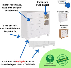 Quarto Bebê Completo Berço Americano Marquesa 3 em 1 Guarda Roupa 4 Portas Cômoda Uli 100% Mdf Móveis Peroba Branco Brilho