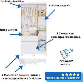 Quarto de Bebê Completo Berço Americano Ben 3 Em 1 Minicama Minisofa Guarda Roupa Uli 3 Portas 3 Gavetas Móveis Peroba Branco Brilho