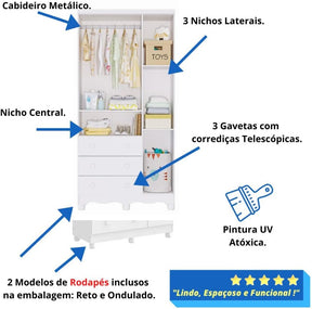 Quarto de Bebê Completo Berço Americano Ben 3 Em 1 Minicama Minisofa Guarda Roupa Uli 3 Portas 3 Gavetas Móveis Peroba Branco Brilho