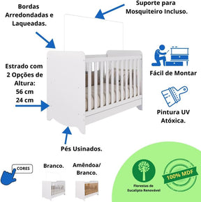 Quarto Bebê Completo Berço Americano Ben 3 em 1 Guarda Roupas 4 Portas 3 Gavetas Bolinha 100% MDF