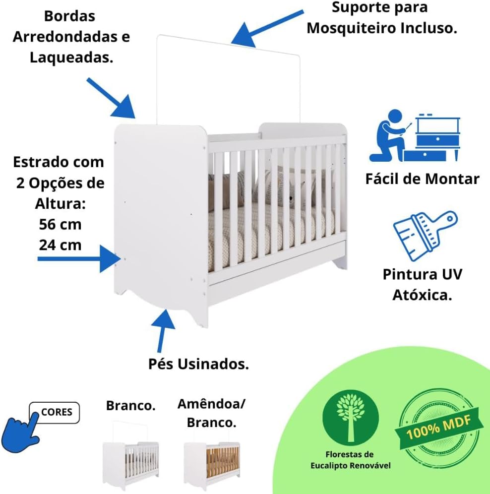 Quarto Bebê Completo Berço Americano Ben 3 em 1 Guarda Roupas 4 Portas 3 Gavetas Bolinha 100% MDF